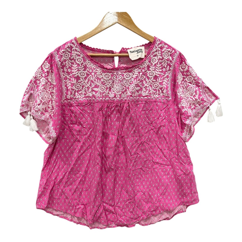 Savanna Jane 3X Pink Embroidered Boho Peasant Top Tassel Sleeve Plus Size